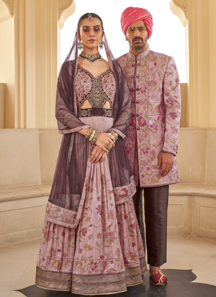 Lassya Fashion Coffee Brown Couple Bridal and Groom Lehenga and Kurta Set with Foil Print