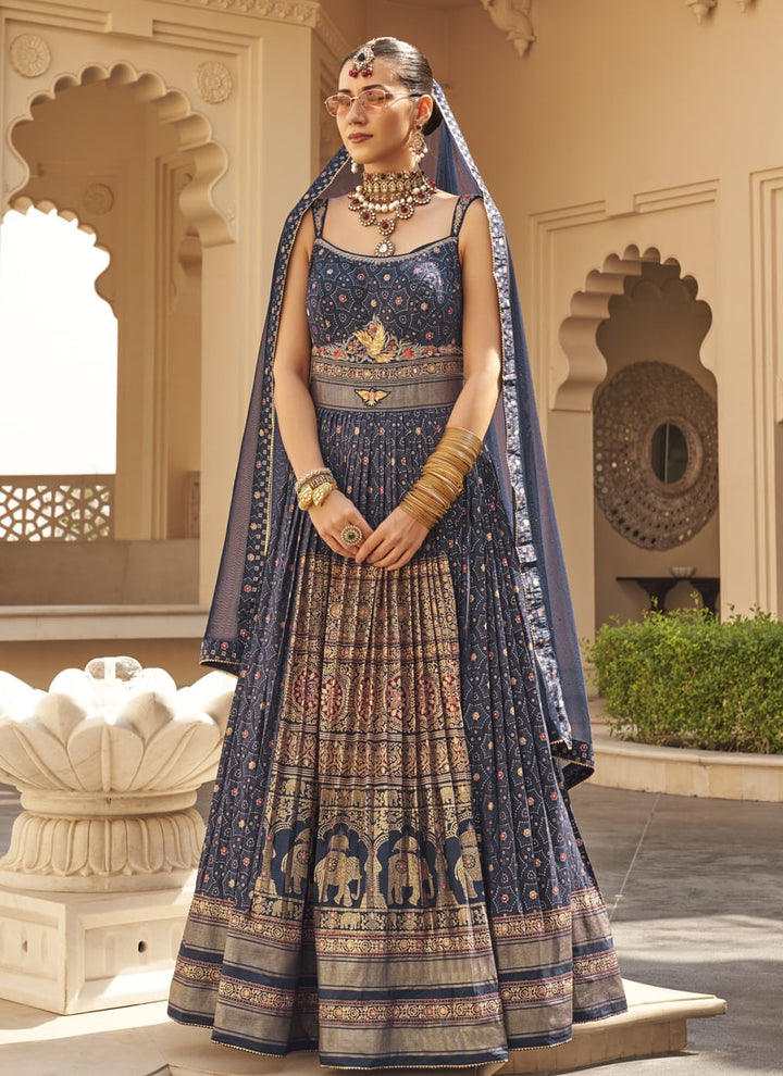 Lassya Fashion Navy Blue-2 Couple Bridal and Groom Lehenga and Kurta Set with Foil Print