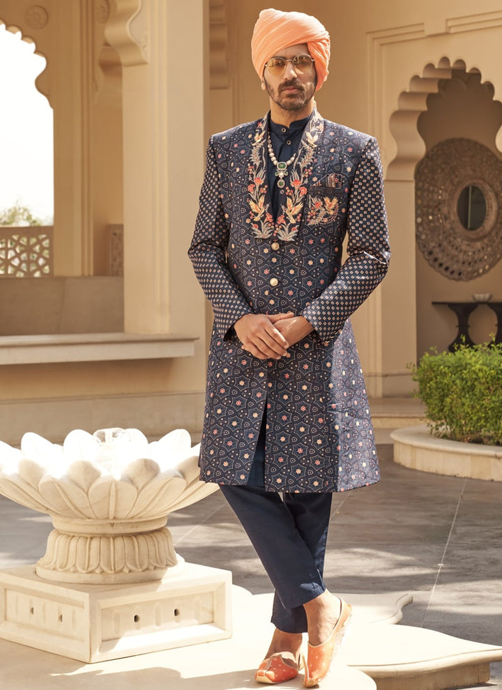 Lassya Fashion Navy Blue-2 Couple Bridal and Groom Lehenga and Kurta Set with Foil Print