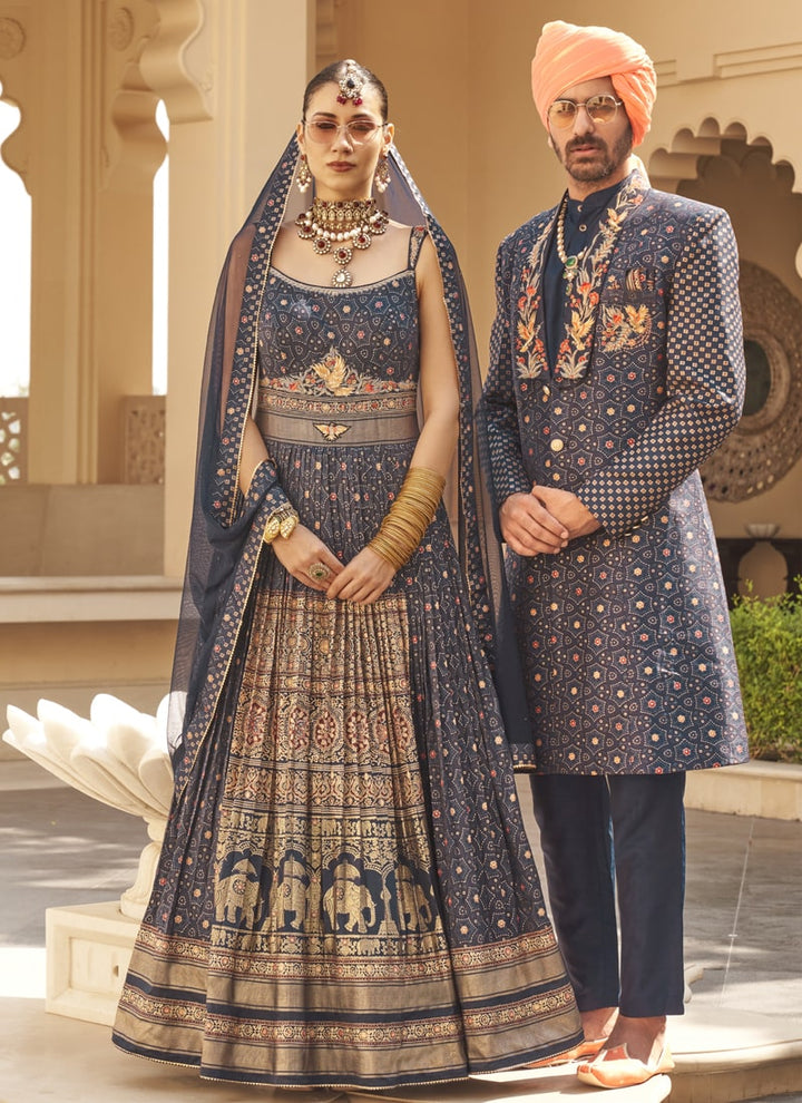 Lassya Fashion Navy Blue-2 Couple Bridal and Groom Lehenga and Kurta Set with Foil Print