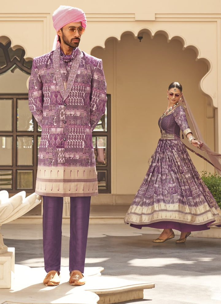 Lassya Fashion Purple Couple Bridal and Groom Lehenga and Kurta Set with Foil Print