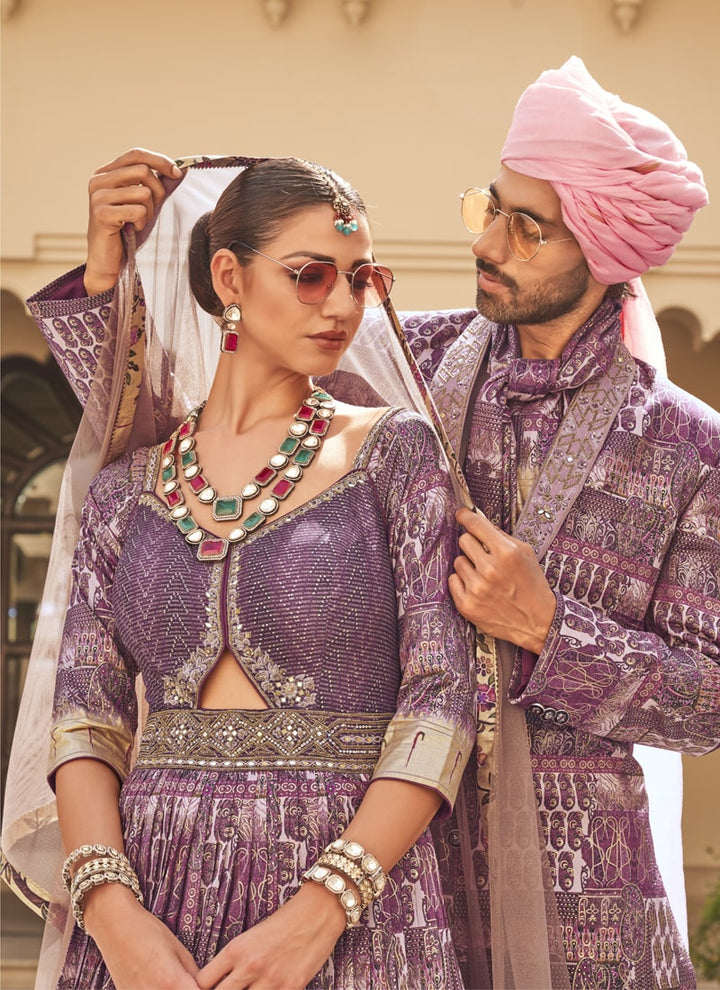 Lassya Fashion Purple Couple Bridal and Groom Lehenga and Kurta Set with Foil Print