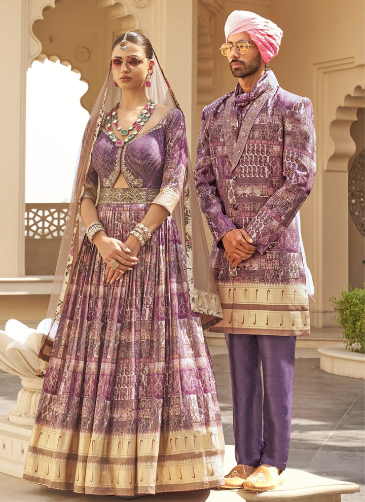 Lassya Fashion Purple Couple Bridal and Groom Lehenga and Kurta Set with Foil Print