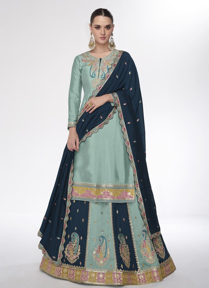 Lassya Fashion Sea Green Wedding Wear Top Skirt and Dupatta Set in Premium Silk