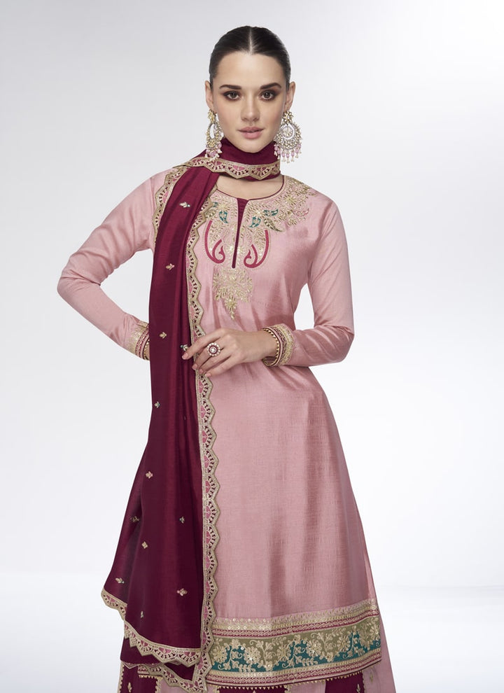 Lassya Fashion Pink Wedding Wear Top Skirt and Dupatta Set in Premium Silk