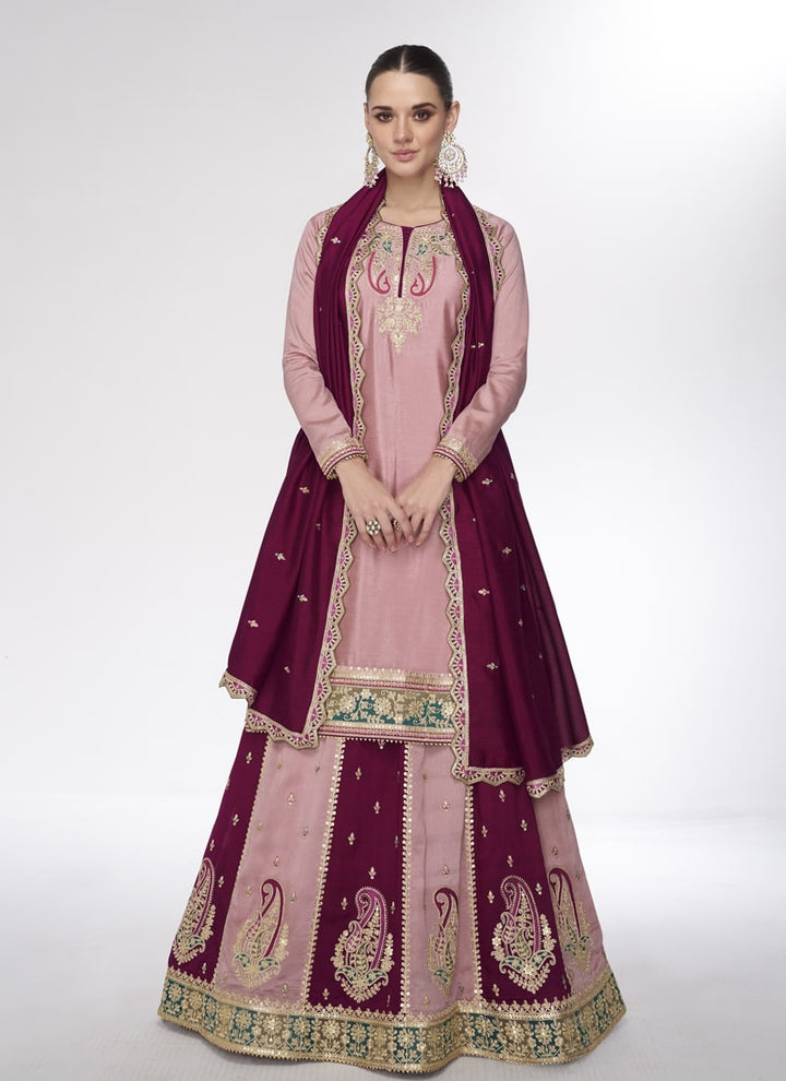 Lassya Fashion Pink Wedding Wear Top Skirt and Dupatta Set in Premium Silk