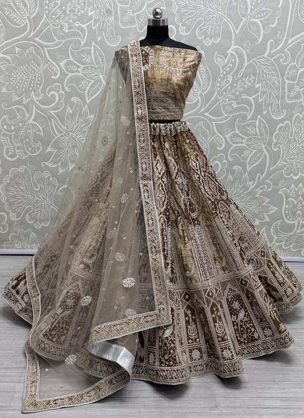 Lassya Fashion Beige Velvet Wedding Lehenga with Soft Net Dupatta