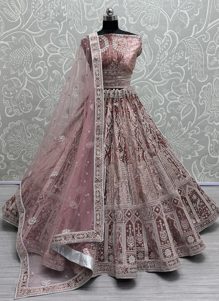 Lassya Fashion Pink Velvet Wedding Lehenga with Soft Net Dupatta