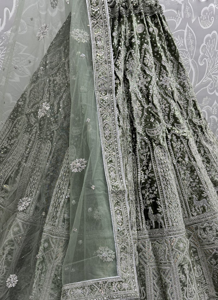 Lassya Fashion Pista Green Velvet Wedding Lehenga with Soft Net Dupatta