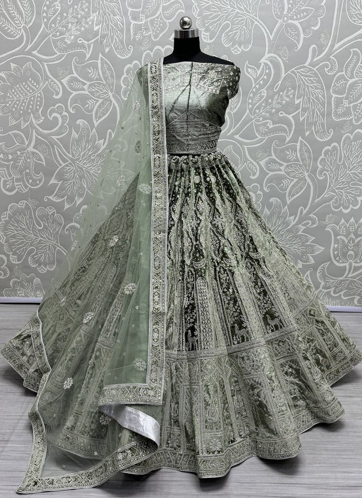 Lassya Fashion Pista Green Velvet Wedding Lehenga with Soft Net Dupatta