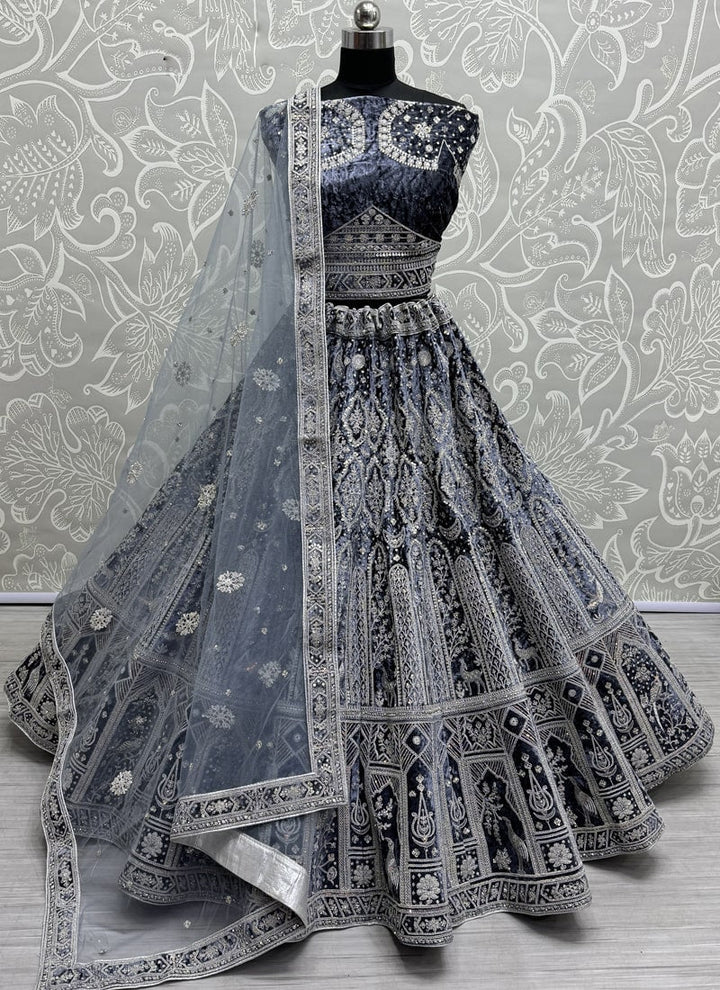 Lassya Fashion Navy Blue Velvet Wedding Lehenga with Soft Net Dupatta