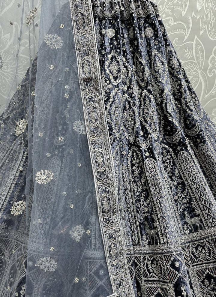 Lassya Fashion Navy Blue Velvet Wedding Lehenga with Soft Net Dupatta