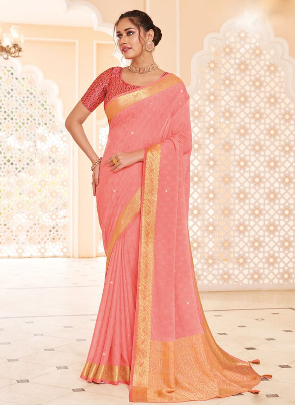 Lassya Fashion Rose Pink Moss and Georgette Weaving Wedding Saree