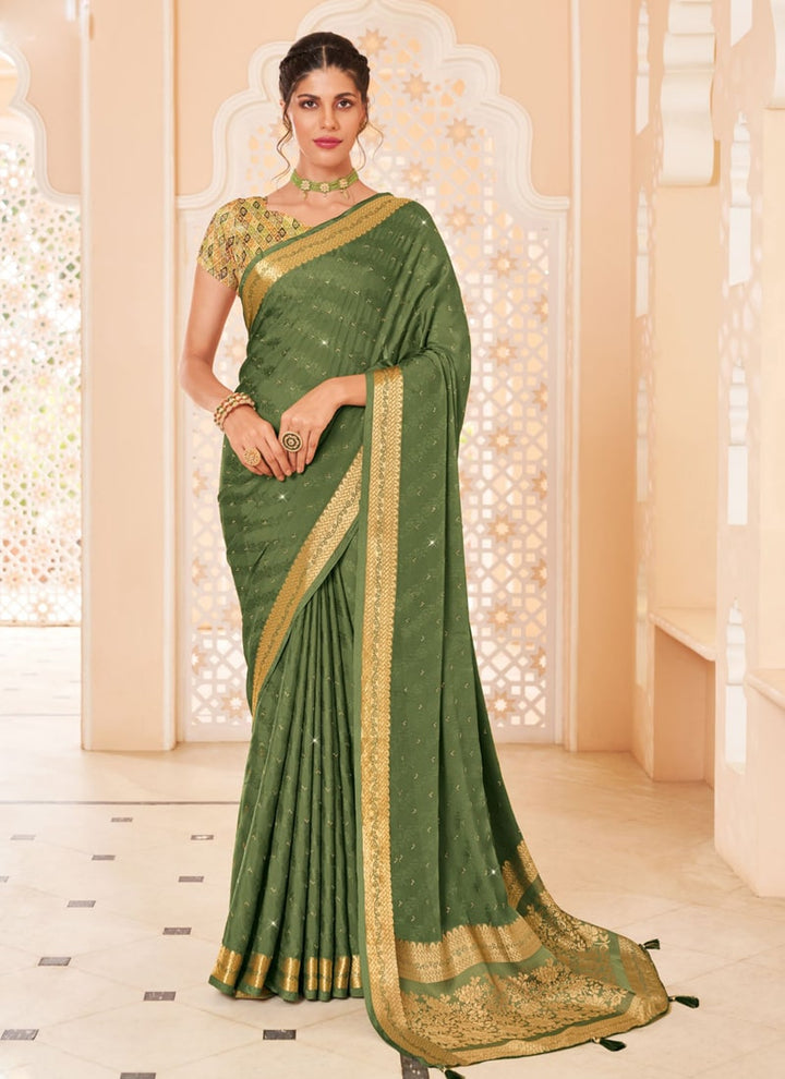 Lassya Fashion Olive Green Moss and Georgette Weaving Wedding Saree