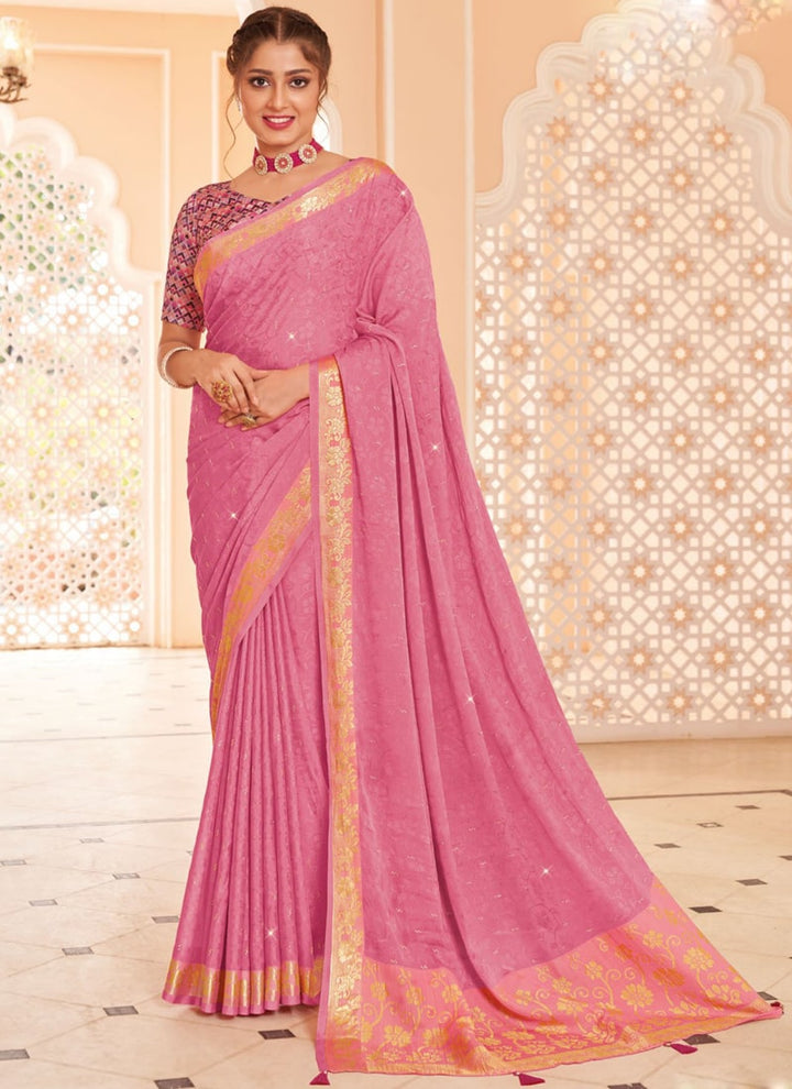 Lassya Fashion Barbie Pink Moss and Georgette Weaving Wedding Saree