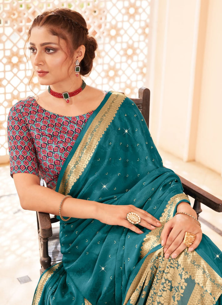 Lassya Fashion Teal green Moss and Georgette Weaving Wedding Saree