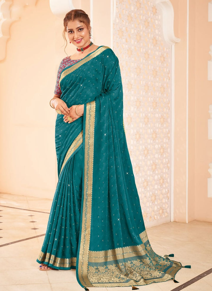 Lassya Fashion Teal green Moss and Georgette Weaving Wedding Saree