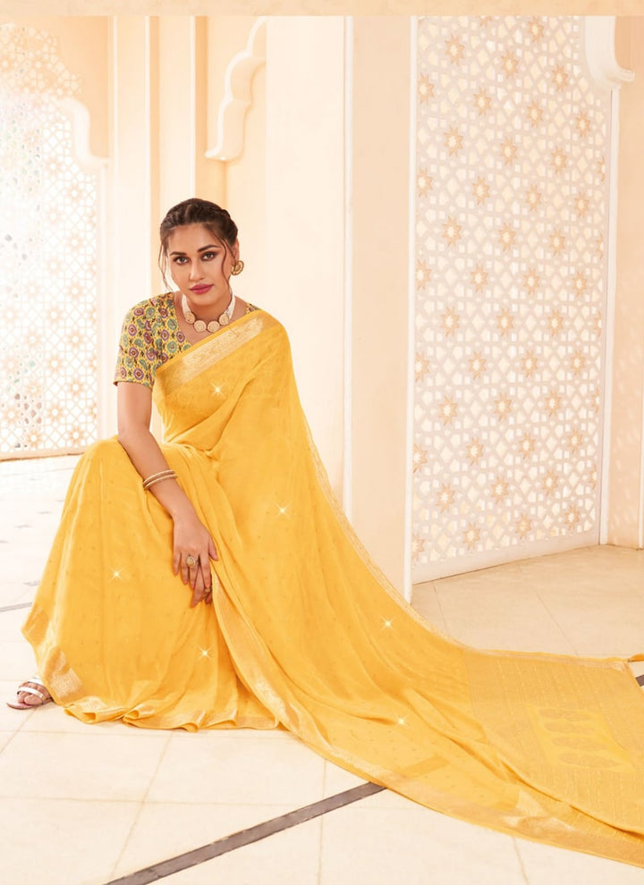 Lassya Fashion Corn Yellow Moss and Georgette Weaving Wedding Saree