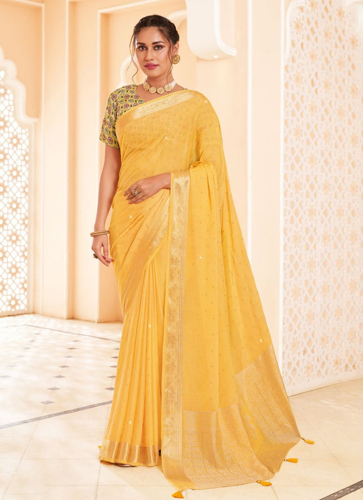 Lassya Fashion Corn Yellow Moss and Georgette Weaving Wedding Saree