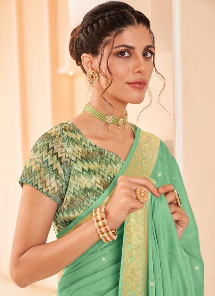 Lassya Fashion Pista green Moss and Georgette Weaving Wedding Saree