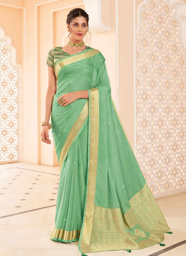 Lassya Fashion Pista green Moss and Georgette Weaving Wedding Saree