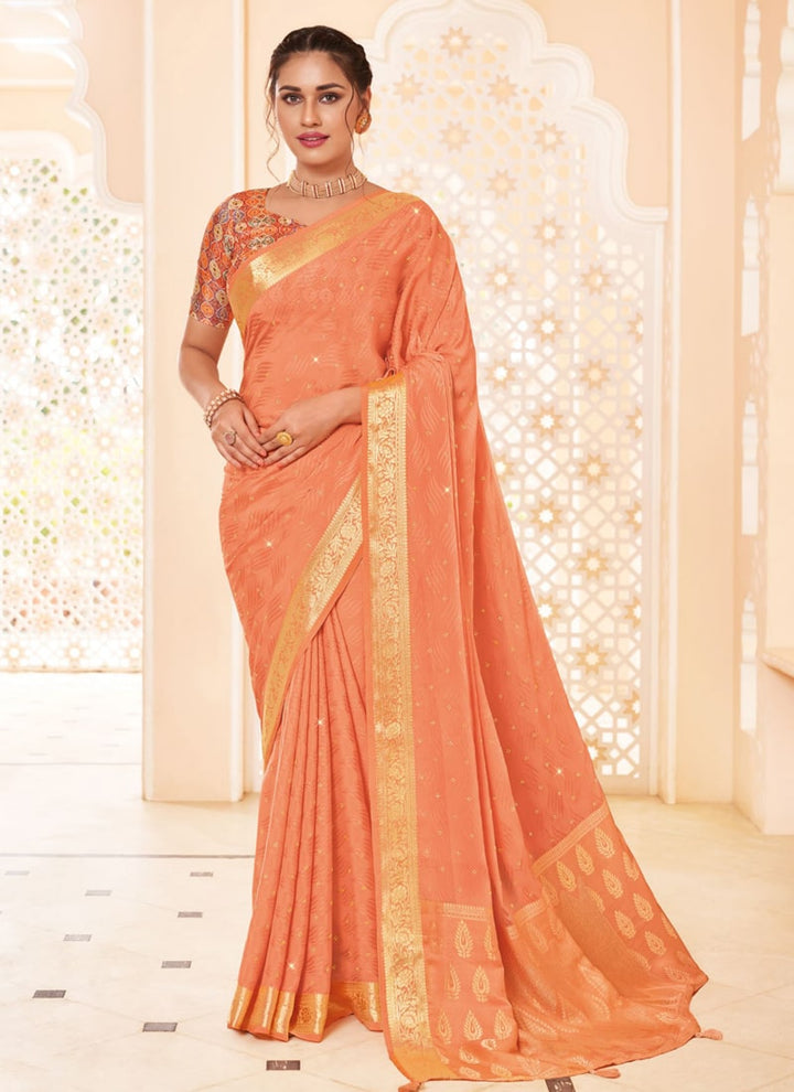 Lassya Fashion Peach Orange Moss and Georgette Weaving Wedding Saree