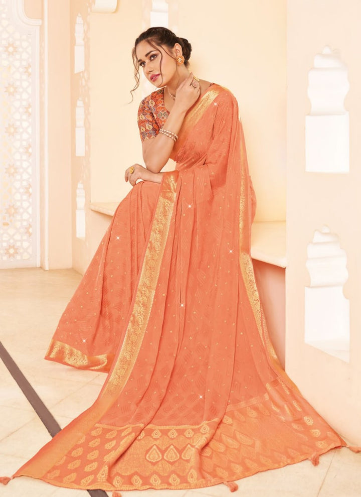 Lassya Fashion Peach Orange Moss and Georgette Weaving Wedding Saree