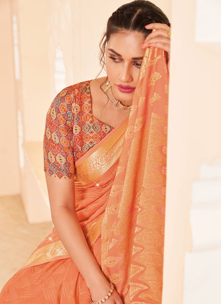 Lassya Fashion Peach Orange Moss and Georgette Weaving Wedding Saree