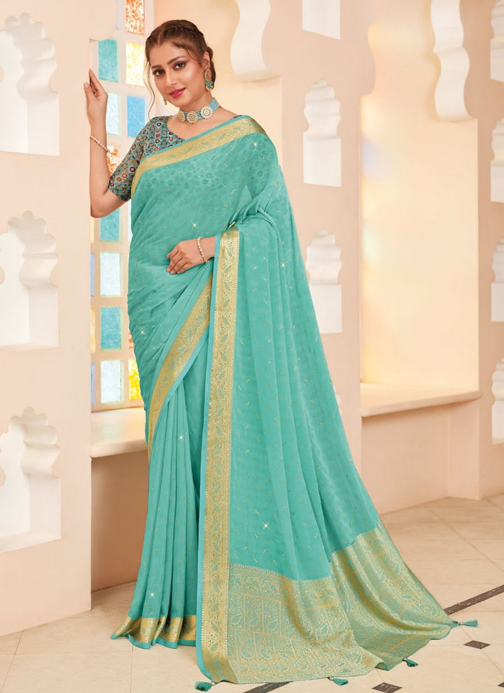 Lassya Fashion Sky Blue Moss and Georgette Weaving Wedding Saree