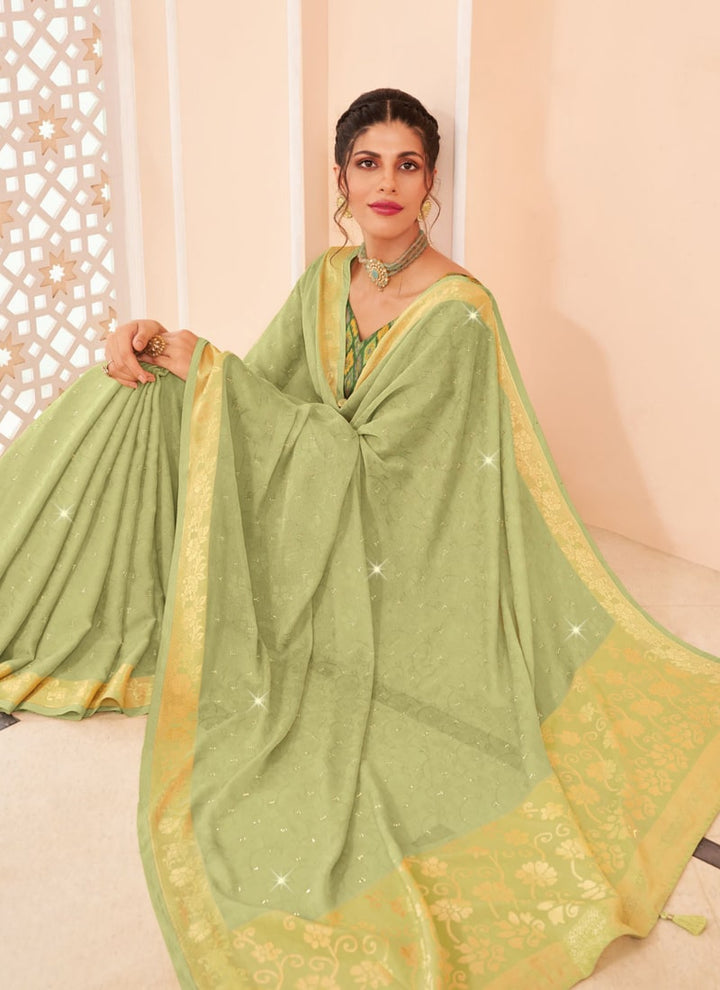 Lassya Fashion Pista green-2 Moss and Georgette Weaving Wedding Saree