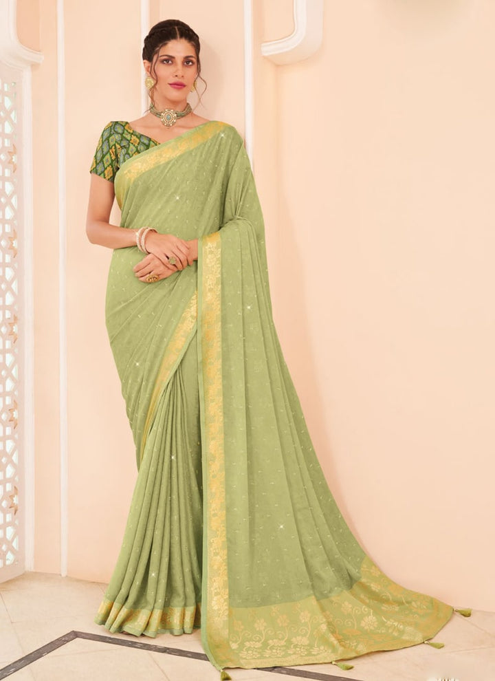 Lassya Fashion Pista green-2 Moss and Georgette Weaving Wedding Saree