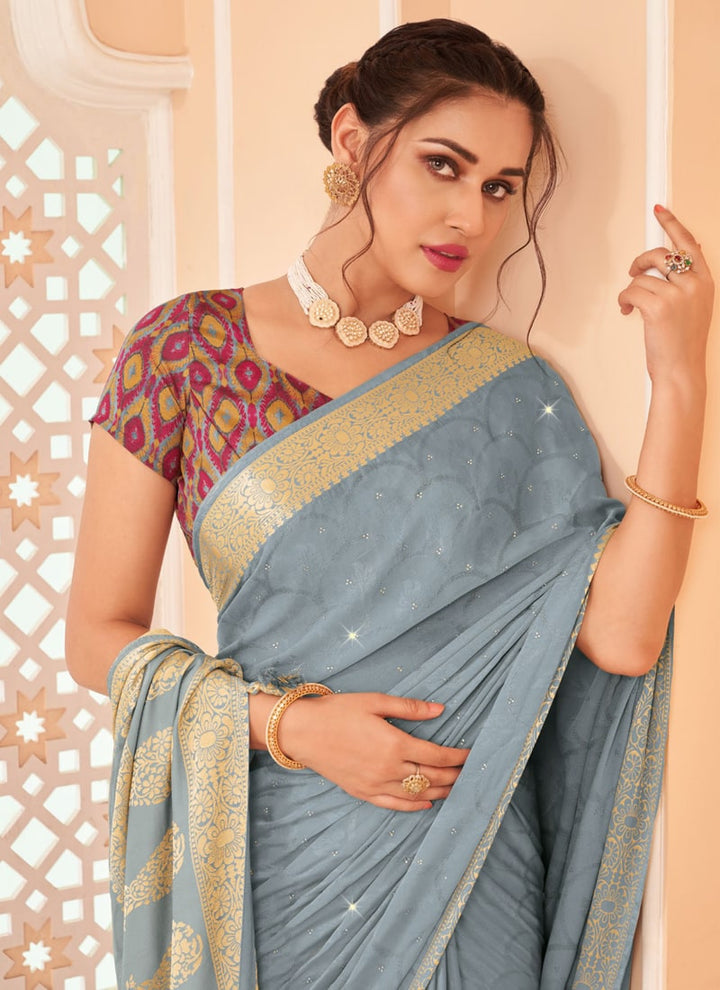 Lassya Fashion Grey Moss and Georgette Weaving Wedding Saree