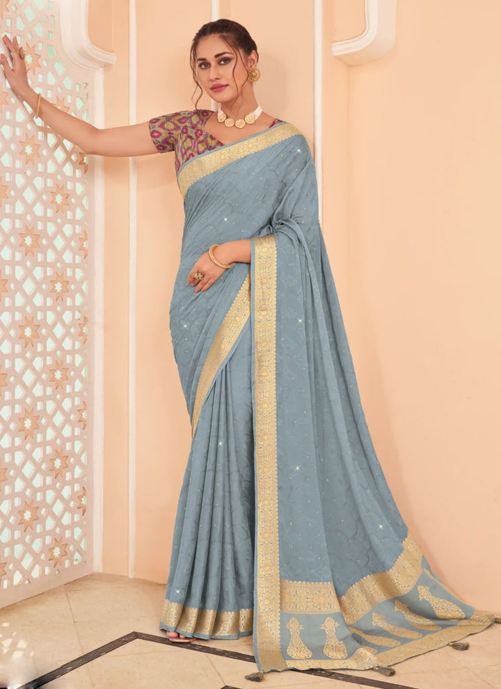 Lassya Fashion Grey Moss and Georgette Weaving Wedding Saree