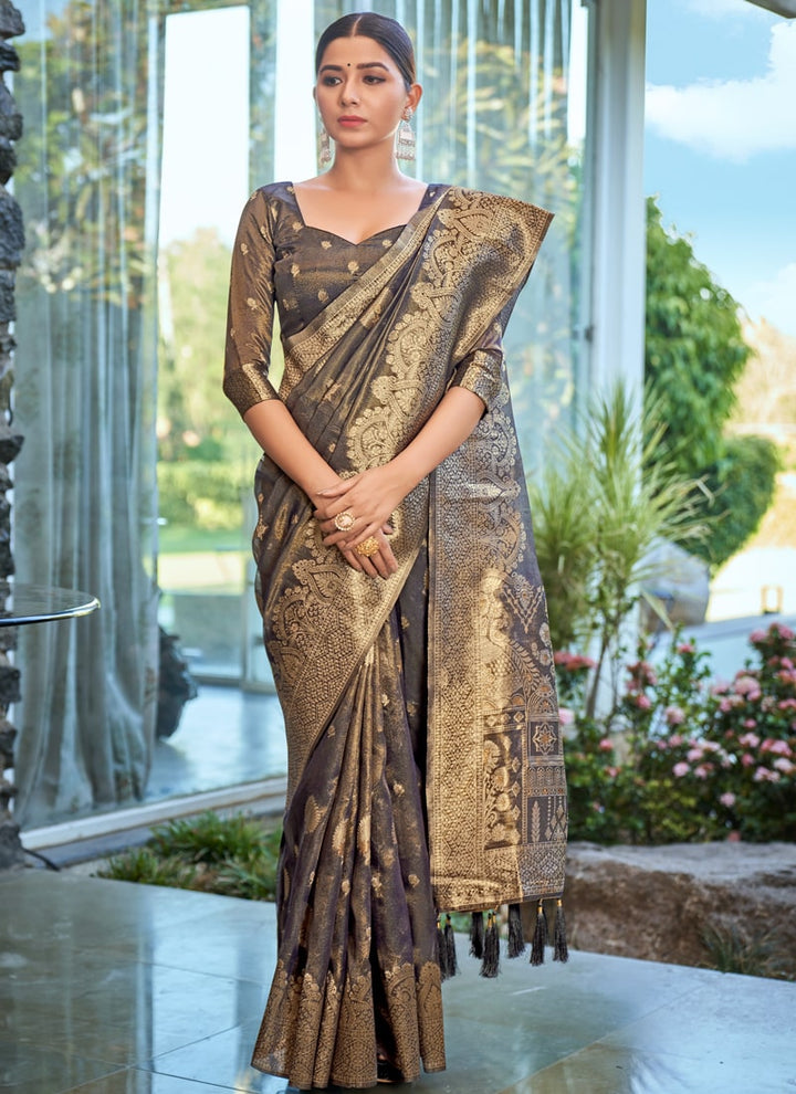 Lassya Fashion Dark Grey Simar Silk Festive Wear Saree with Matching Blouse