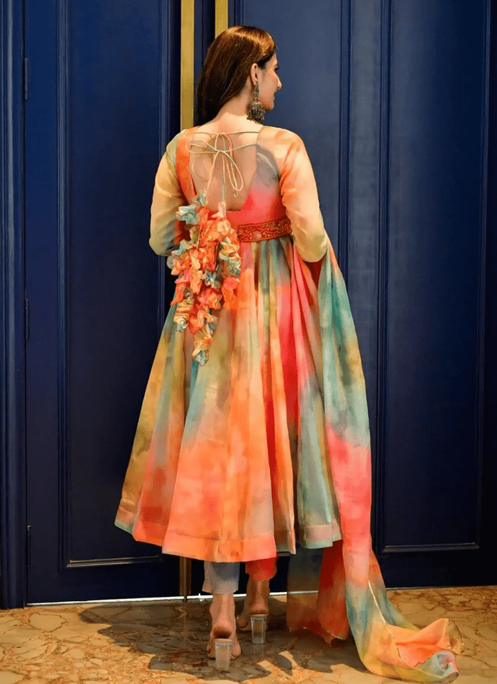 Lassya Fashion Peach Orange Elegant Organza Anarkali Salwar Suit Set