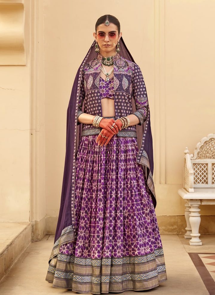 Lassya Fashion Purple Couple Bridal and Groom Lehenga and Kurta Set with Foil Print