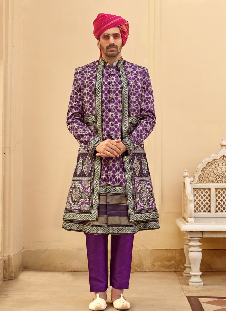 Lassya Fashion Purple Couple Bridal and Groom Lehenga and Kurta Set with Foil Print