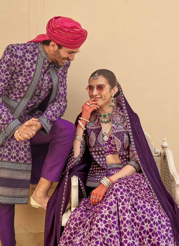 Lassya Fashion Purple Couple Bridal and Groom Lehenga and Kurta Set with Foil Print