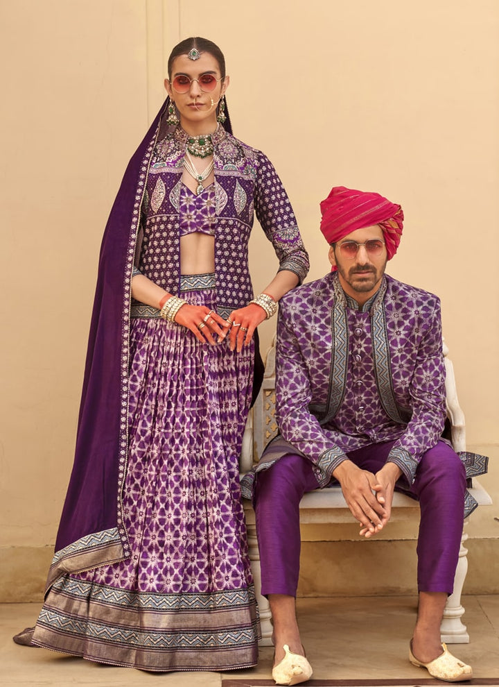 Lassya Fashion Purple Couple Bridal and Groom Lehenga and Kurta Set with Foil Print