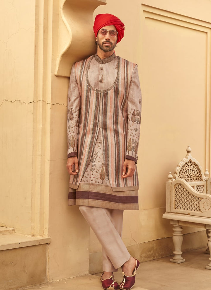 Lassya Fashion Cream Couple Bridal and Groom Lehenga and Kurta Set with Foil Print