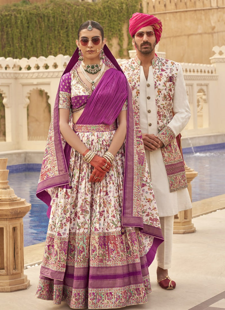 Lassya Fashion Cream Purple Couple Bridal and Groom Lehenga and Kurta Set with Foil Print