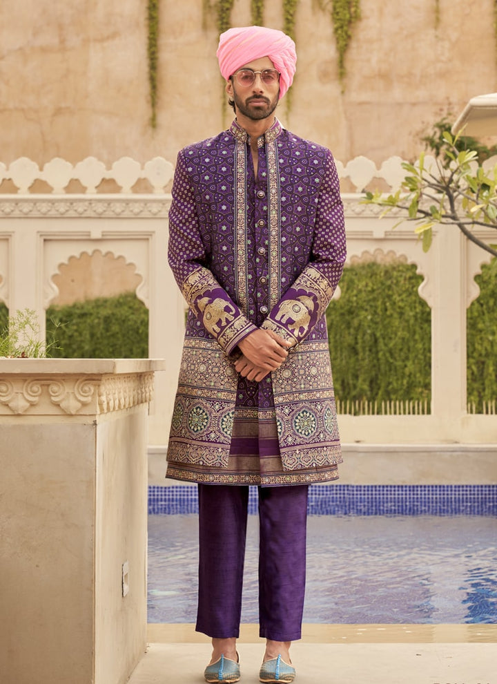 Lassya Fashion Purple-2 Couple Bridal and Groom Lehenga and Kurta Set with Foil Print