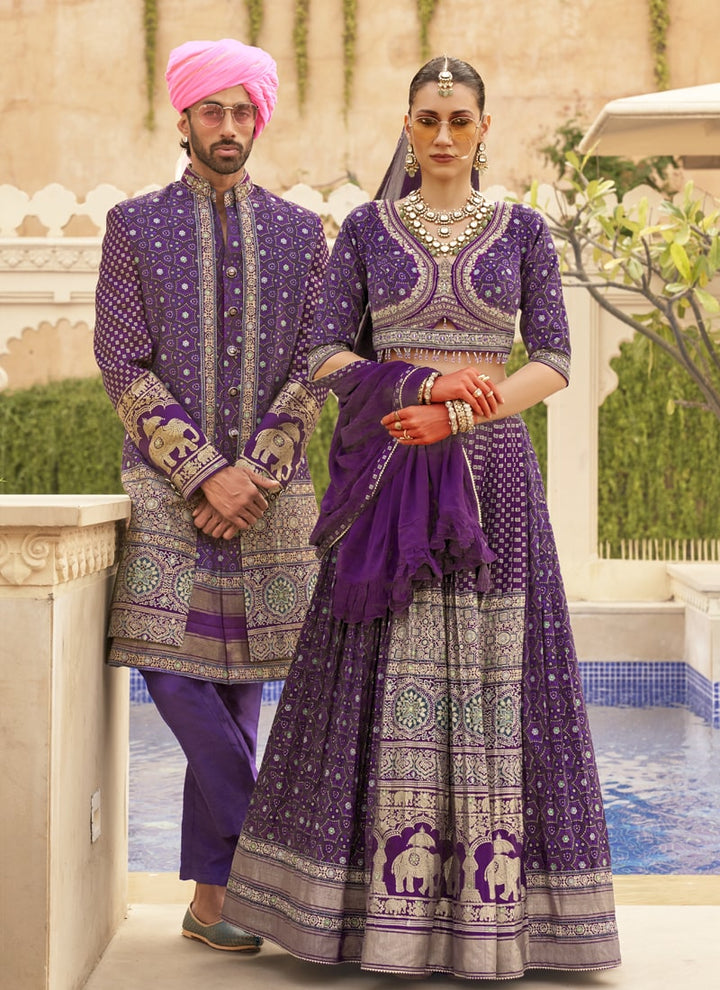 Lassya Fashion Purple-2 Couple Bridal and Groom Lehenga and Kurta Set with Foil Print