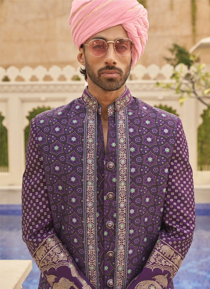 Lassya Fashion Purple-2 Couple Bridal and Groom Lehenga and Kurta Set with Foil Print