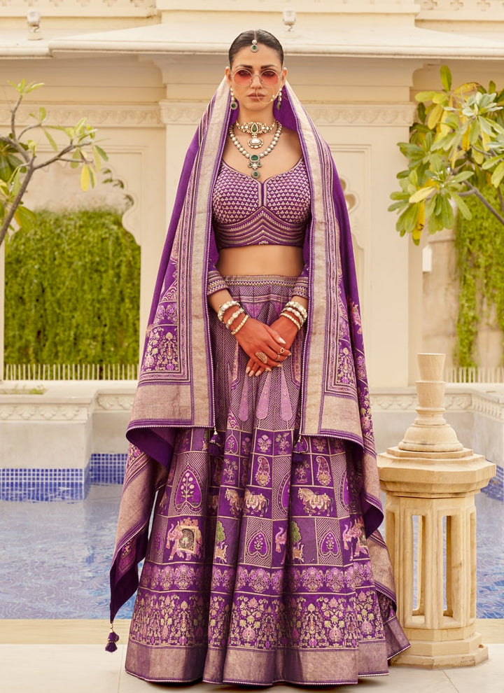 Lassya Fashion Purple-3 Couple Bridal and Groom Lehenga and Kurta Set with Foil Print