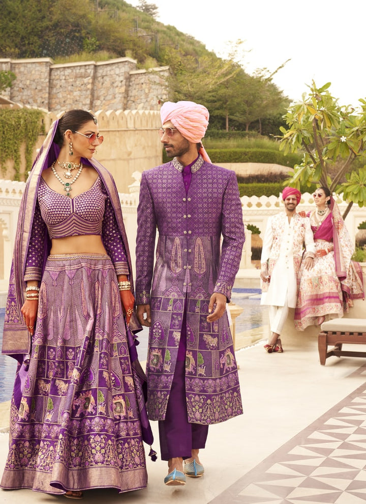 Lassya Fashion Purple-3 Couple Bridal and Groom Lehenga and Kurta Set with Foil Print