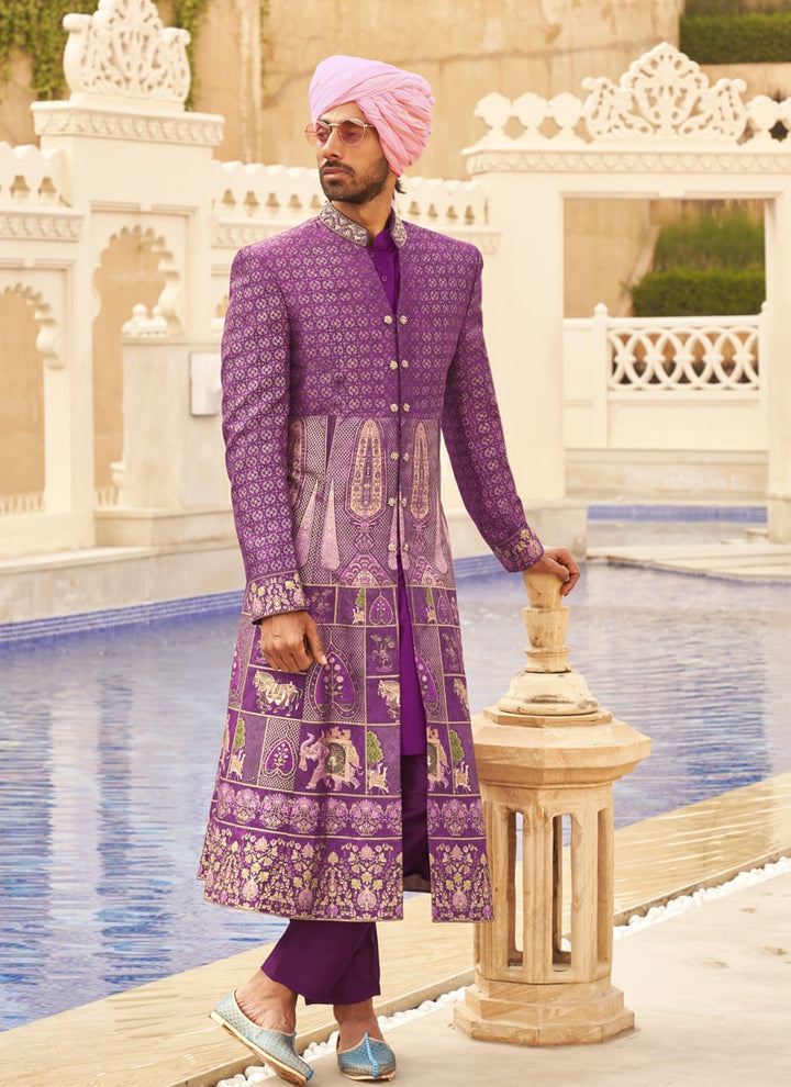 Lassya Fashion Purple-3 Couple Bridal and Groom Lehenga and Kurta Set with Foil Print