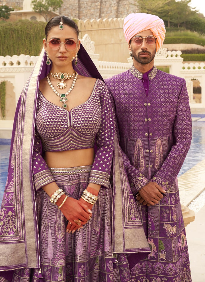 Lassya Fashion Purple-3 Couple Bridal and Groom Lehenga and Kurta Set with Foil Print