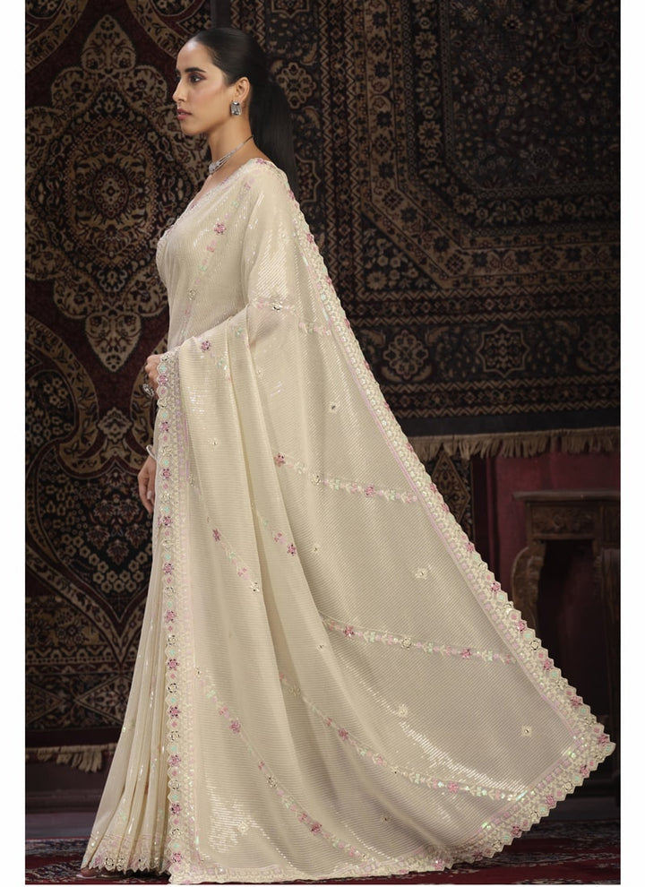 Lassya Fashion Off-White Glamorous Embellished Partywear Saree