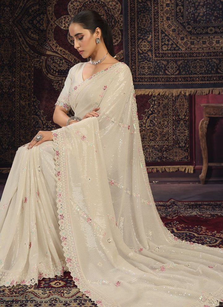 Lassya Fashion Off-White Glamorous Embellished Partywear Saree